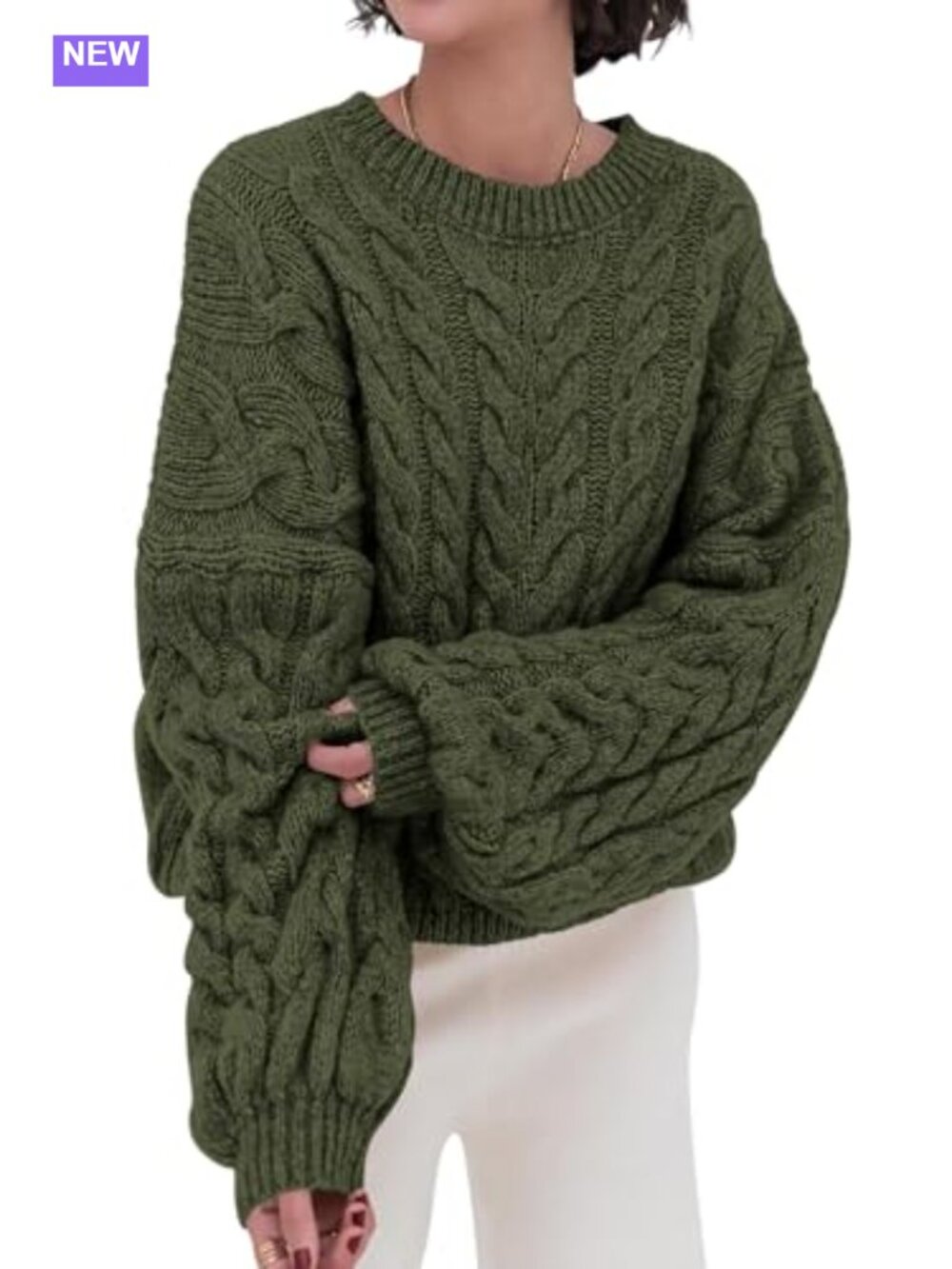 Cable Knit Oversized Crewneck Sweater Long Sleeve Chunky Pullover